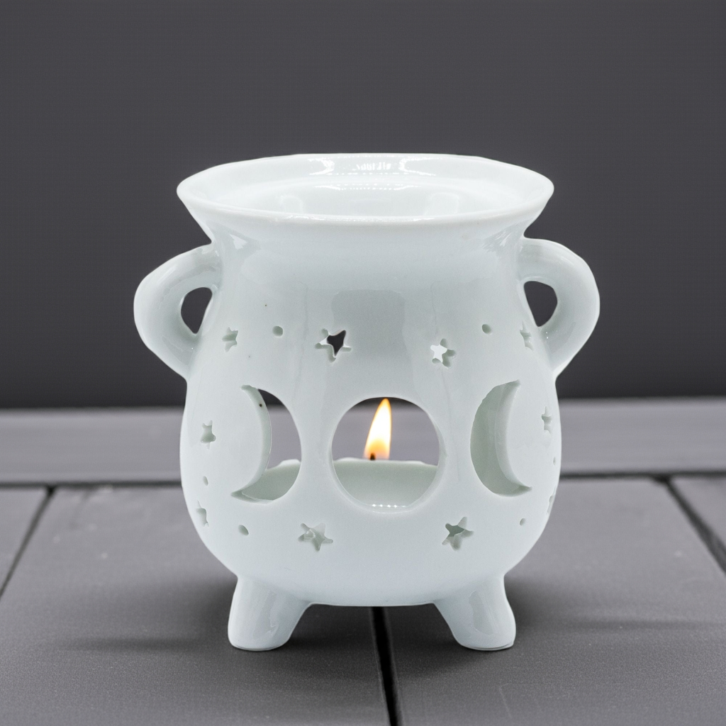 Cauldron Oil Burner - Moon Phase - White