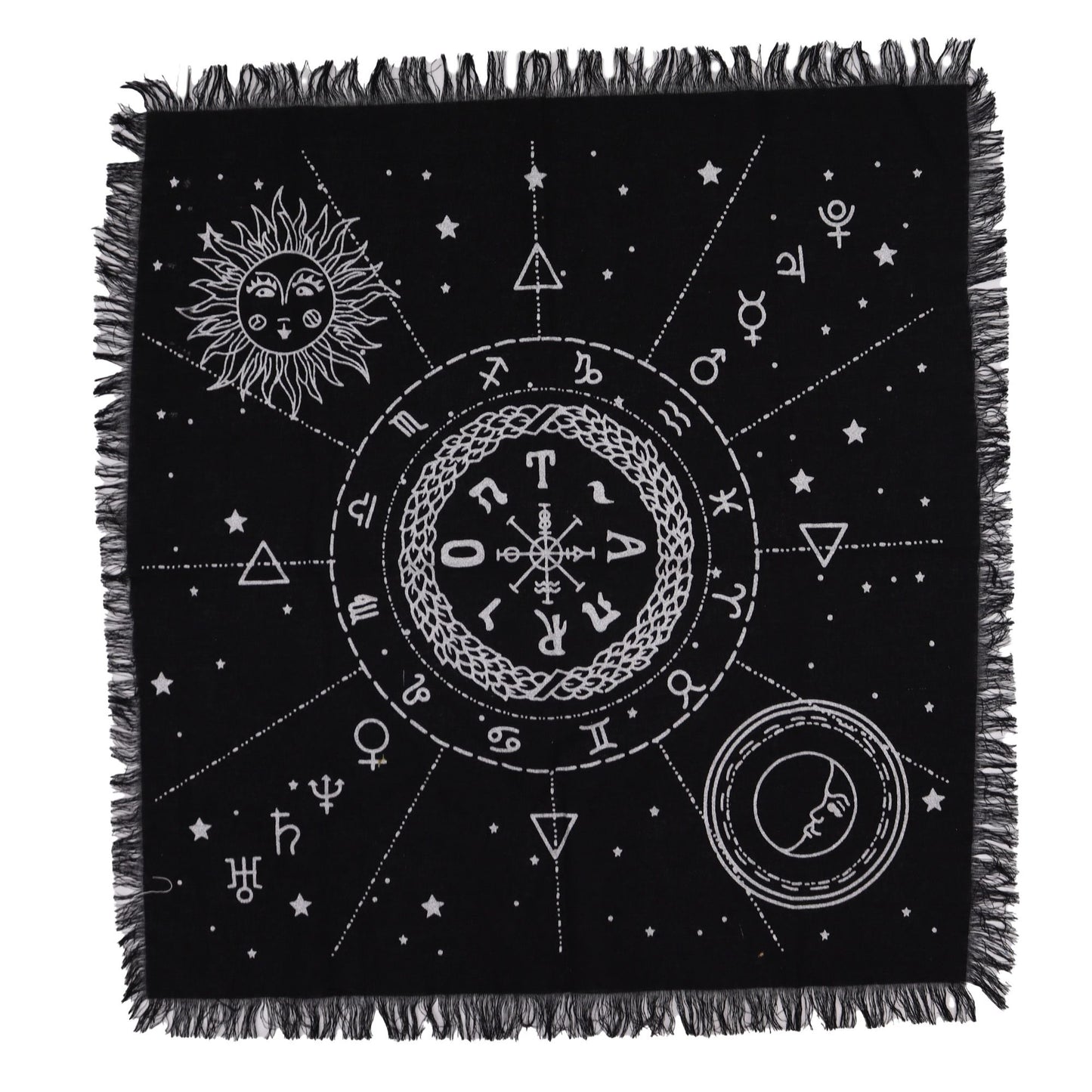 Esoteric Fringed Altar Cloth – Moon & Sun Chart Symbol for Witchcraft & Ritual