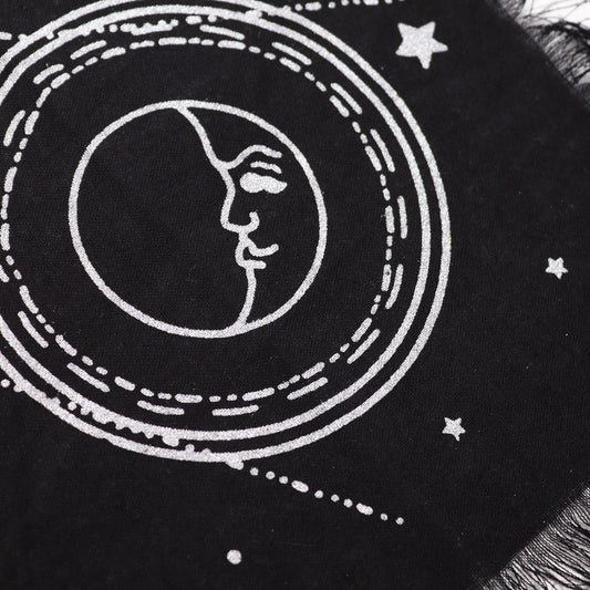 Esoteric Fringed Altar Cloth – Moon & Sun Chart Symbol for Witchcraft & Ritual