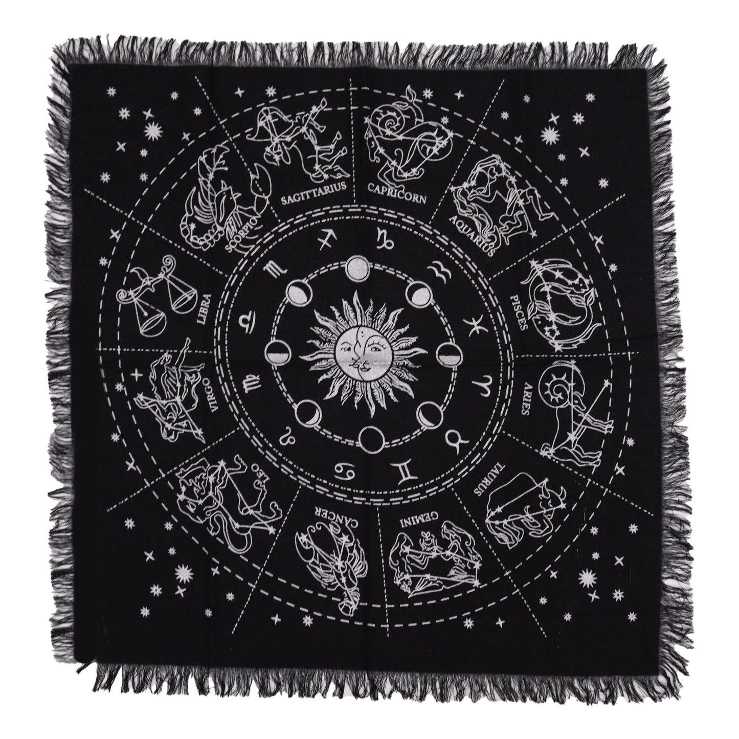 Esoteric Fringed Altar Cloth – Horoscope Zodiac Wheel for Witchcraft & Ritual
