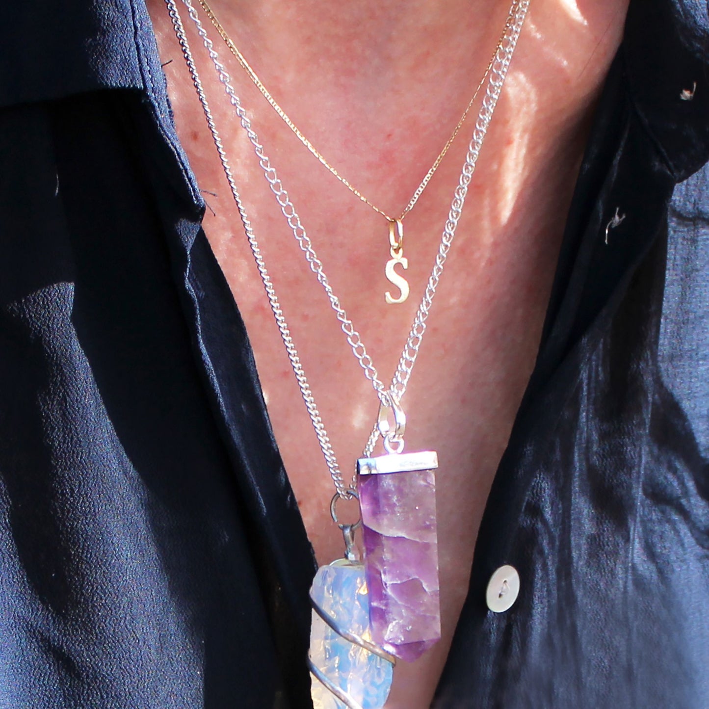 Amethyst Flat Pencil Gemstone Pendant Necklace