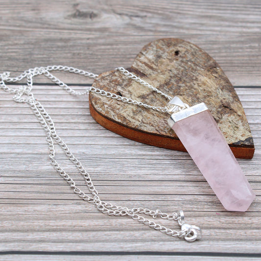 Rose Quartz Flat Pencil Gemstone Pendant Necklace