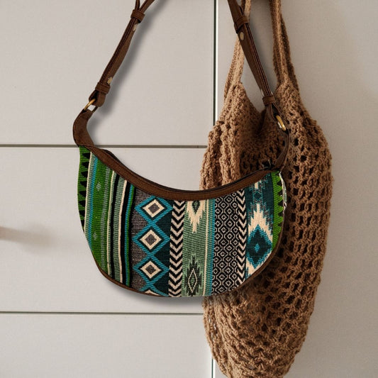 Jacquard Hobo Bag - Bold Greens (brown strap)