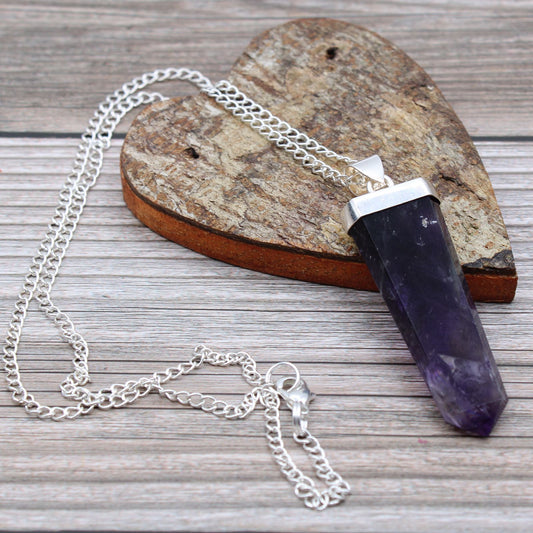 Amethyst Flat Pencil Gemstone Pendant Necklace