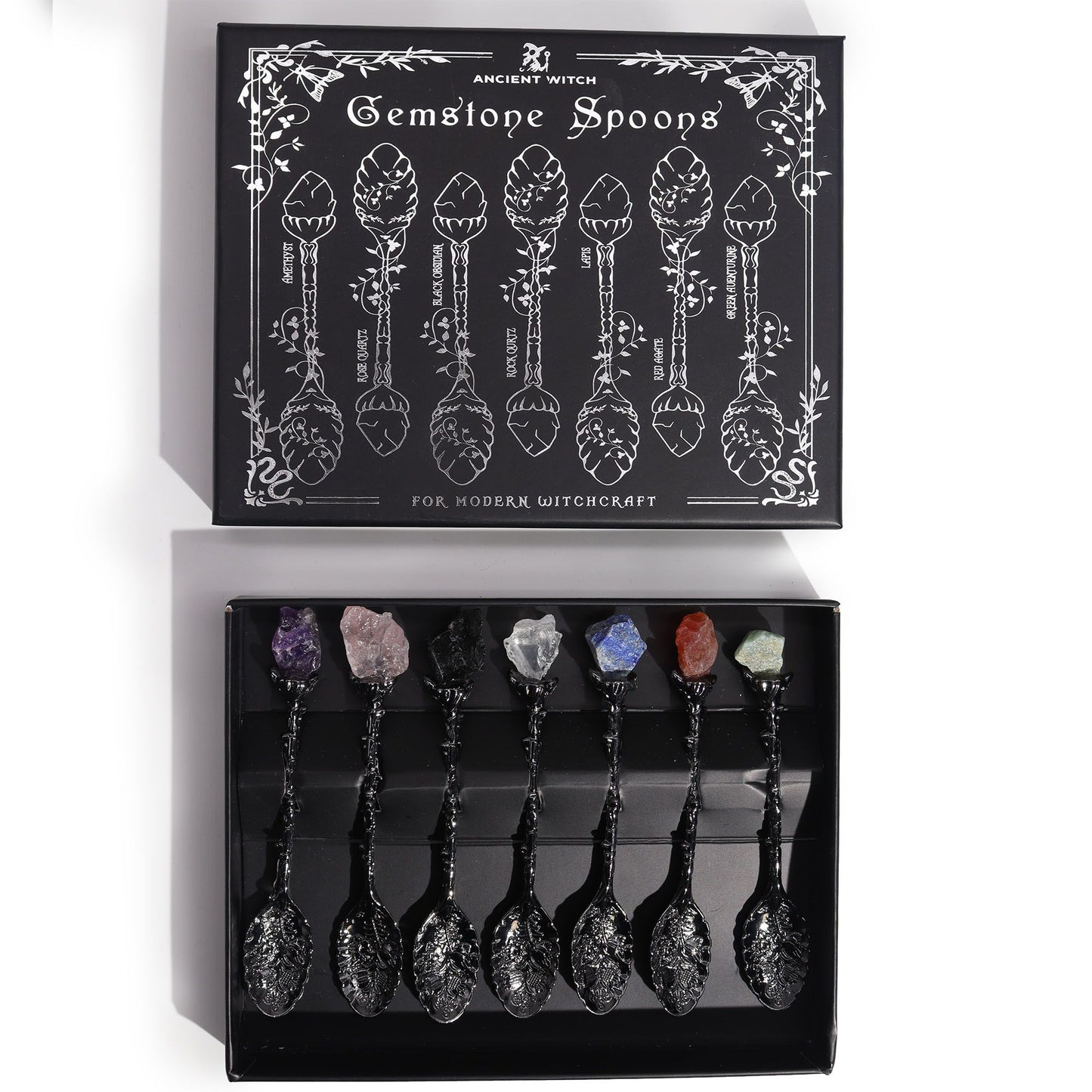 Set of 7 Dark Silver Gemstone Crystal Witch Spoons
