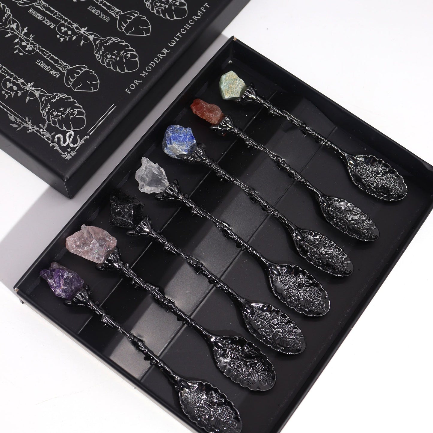 Set of 7 Dark Silver Gemstone Crystal Witch Spoons