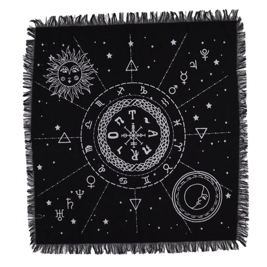 Esoteric Fringed Altar Cloth – Moon & Sun Chart Symbol for Witchcraft & Ritual