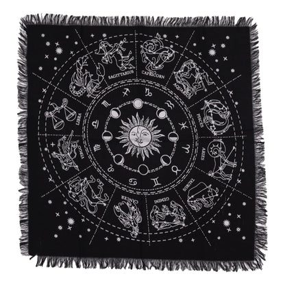 Esoteric Fringed Altar Cloth – Horoscope Zodiac Wheel for Witchcraft & Ritual