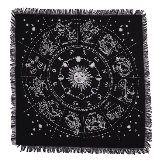 Esoteric Fringed Altar Cloth – Horoscope Zodiac Wheel for Witchcraft & Ritual