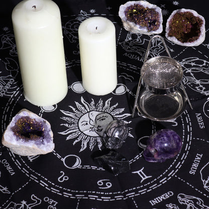 Esoteric Fringed Altar Cloth – Horoscope Zodiac Wheel for Witchcraft & Ritual