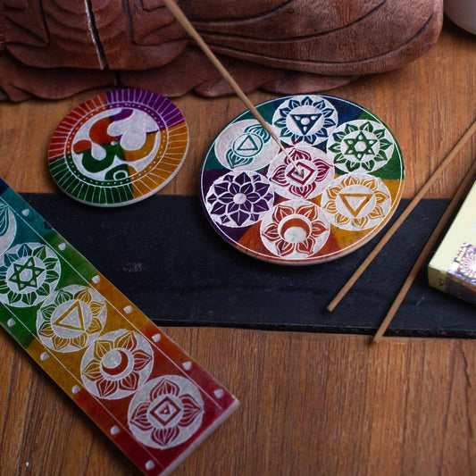 Soapstone Disc Incense Cone Holder 10cm - Seven Chakra