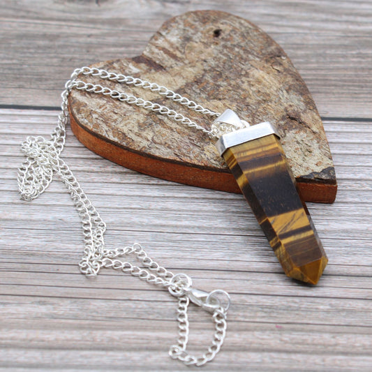 Tiger Eye Flat Pencil Gemstone Pendant Necklace