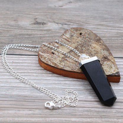 Black Agate Flat Pencil Gemstone Pendant Necklace