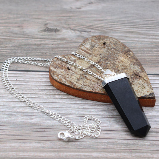 Black Agate Flat Pencil Gemstone Pendant Necklace