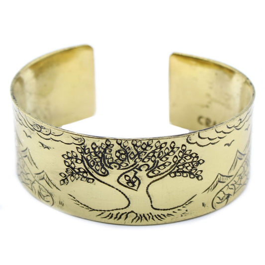 Tibetan Tree of Life Brass Mantra Cuff Bracelet