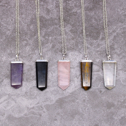 Rose Quartz Flat Pencil Gemstone Pendant Necklace